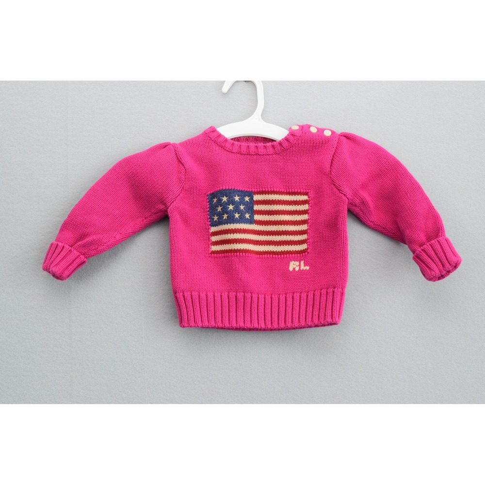 Ralph Lauren Sweater 12M Pink American Flag Knit Baby Girls Preppy